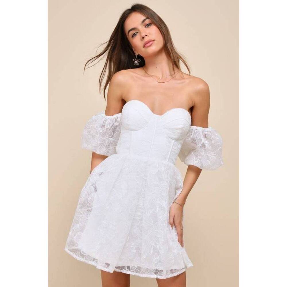 Lulus Precious Approach White Tulle Off-the-shoulder Mini Dress - Size M